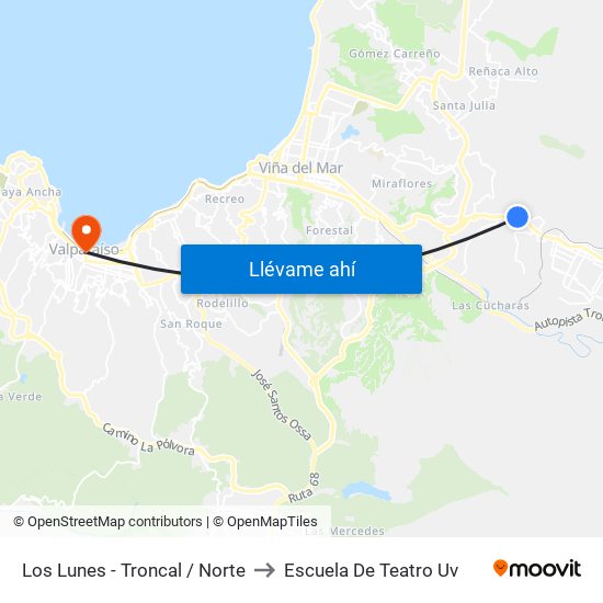 Los Lunes - Troncal / Norte to Escuela De Teatro Uv map