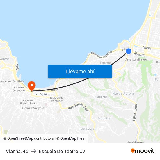 Vianna, 45 to Escuela De Teatro Uv map
