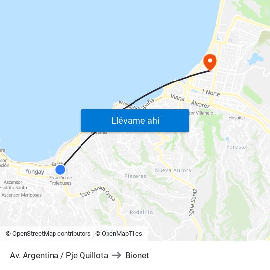 Av. Argentina / Pje Quillota to Bionet map