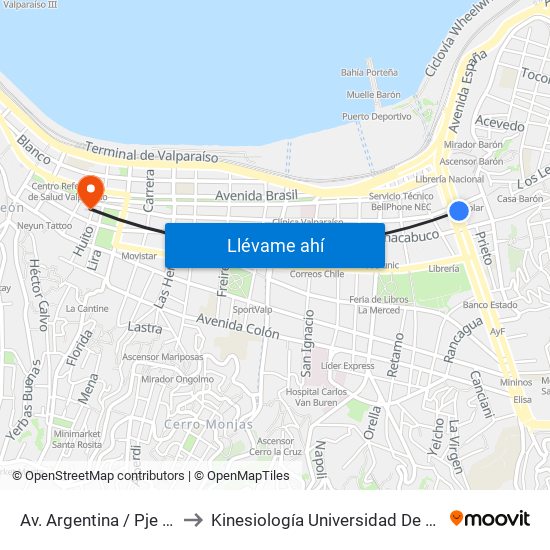 Av. Argentina / Pje Quillota to Kinesiología Universidad De Valparaíso map