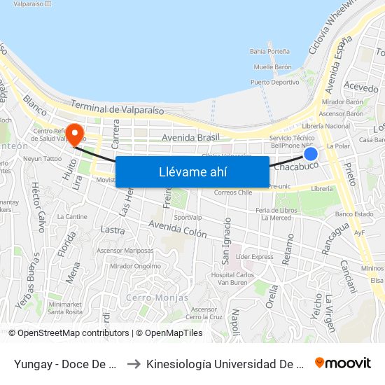 Yungay - Doce De Febrero to Kinesiología Universidad De Valparaíso map