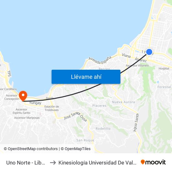 Uno Norte - Libertad to Kinesiología Universidad De Valparaíso map