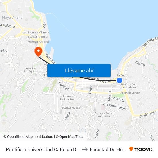 Pontificia Universidad Catolica De Valparaiso, Casa Central to Facultad De Humanidades Uv map