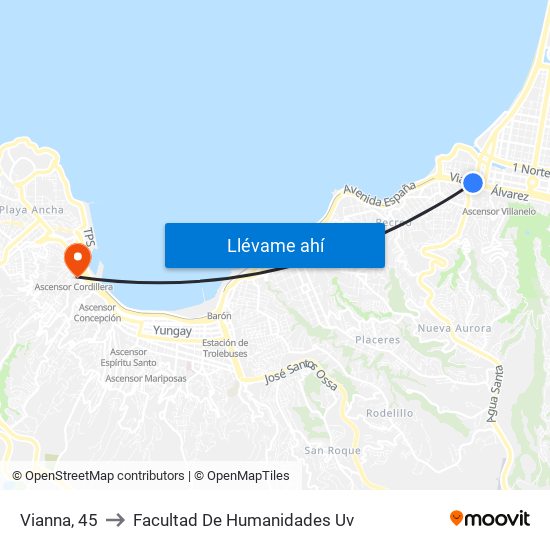 Vianna, 45 to Facultad De Humanidades Uv map