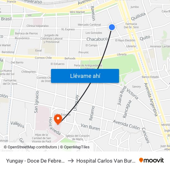 Yungay - Doce De Febrero to Hospital Carlos Van Buren map