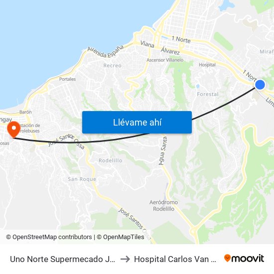 Uno Norte Supermecado Jumbo to Hospital Carlos Van Buren map