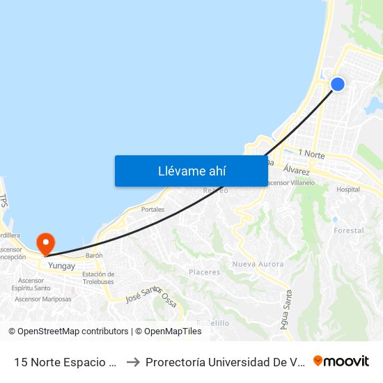 15 Norte Espacio Urbano to Prorectoría Universidad De Valparaíso map