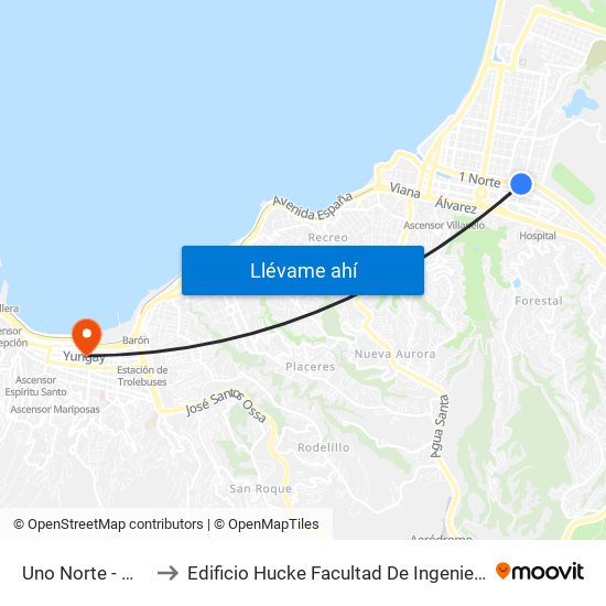 Uno Norte - Mercado to Edificio Hucke Facultad De Ingeniería U. De Valpa. map