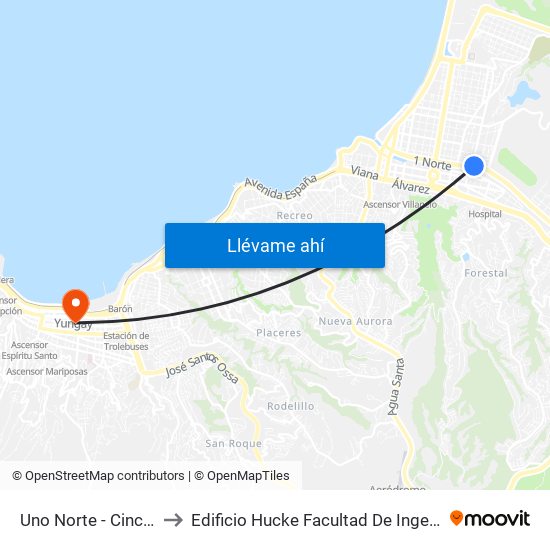 Uno Norte - Cinco 1 / 2 Ote to Edificio Hucke Facultad De Ingeniería U. De Valpa. map