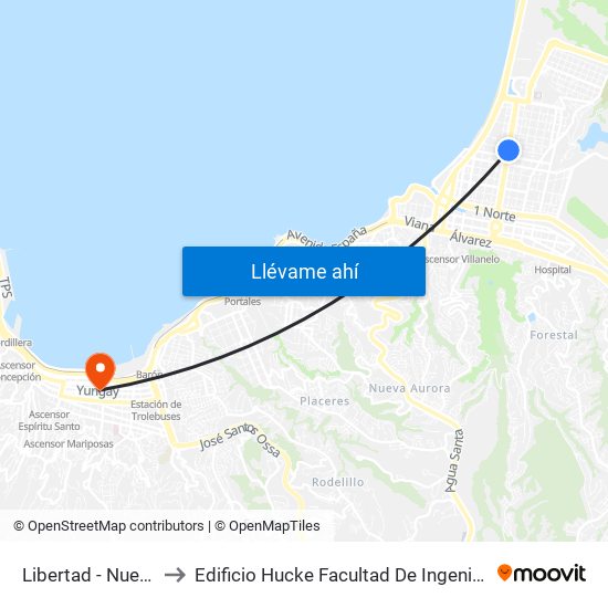 Libertad - Nueve Norte to Edificio Hucke Facultad De Ingeniería U. De Valpa. map