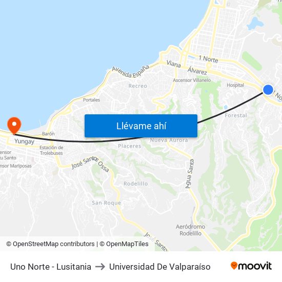 Uno Norte - Lusitania to Universidad De Valparaíso map