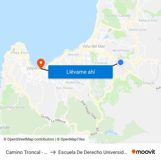 Camino Troncal - Uno Norte to Escuela De Derecho Universidad De Valparaíso map