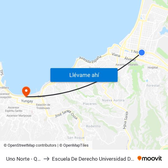 Uno Norte - Quillota to Escuela De Derecho Universidad De Valparaíso map