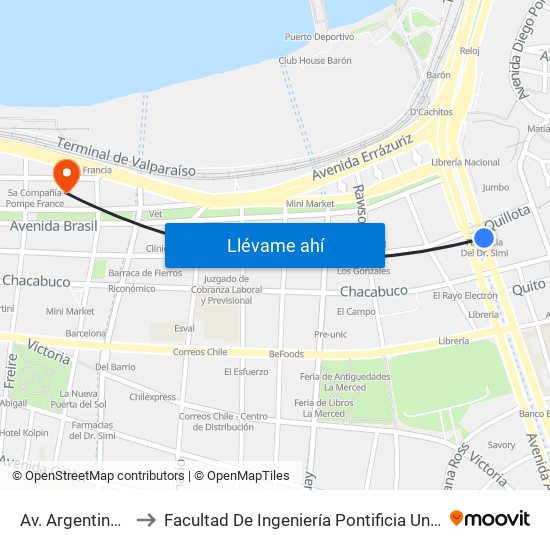 Av. Argentina / Pje Quillota to Facultad De Ingeniería Pontificia Universidad Católica De Valparaíso map