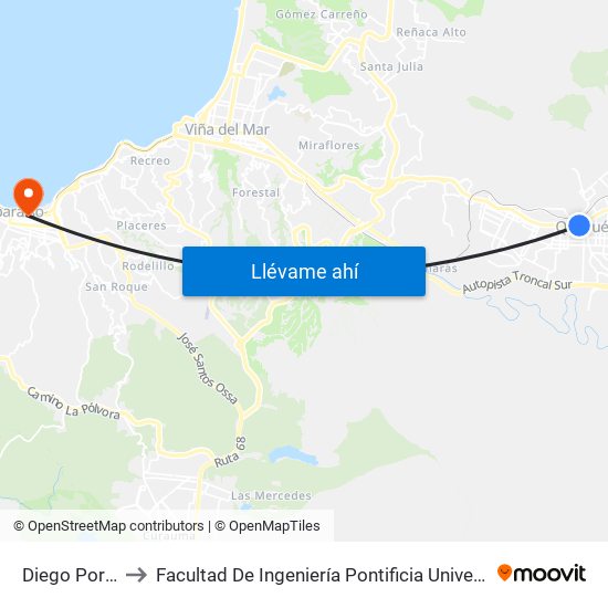 Diego Portales 754 to Facultad De Ingeniería Pontificia Universidad Católica De Valparaíso map