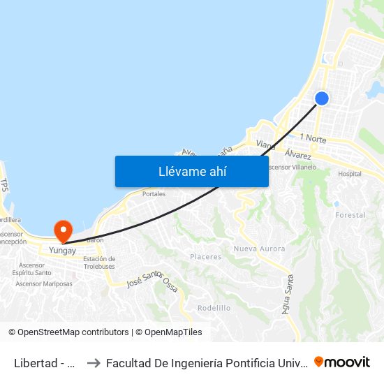 Libertad - Nueve Norte to Facultad De Ingeniería Pontificia Universidad Católica De Valparaíso map