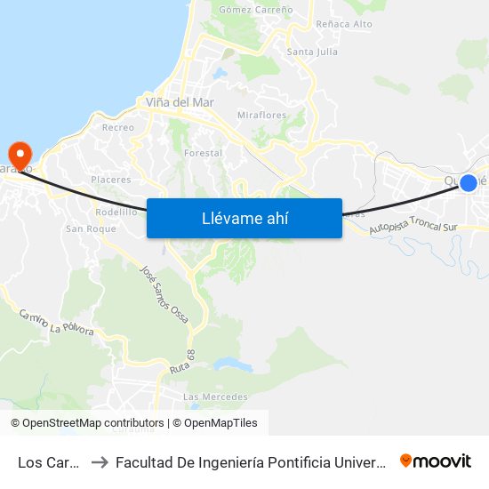 Los Carrera 981 to Facultad De Ingeniería Pontificia Universidad Católica De Valparaíso map