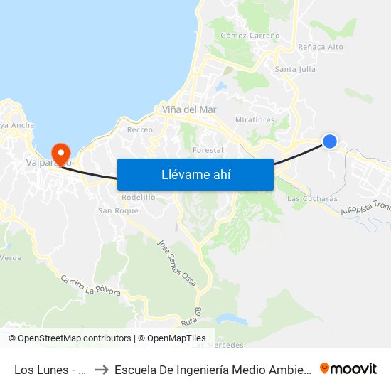 Los Lunes - Troncal / Norte to Escuela De Ingeniería Medio Ambiental De La Universidad De Valparaíso map