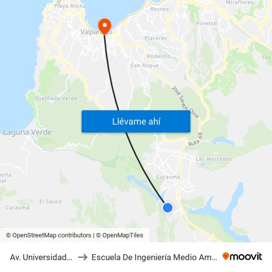 Av. Universidad - Av. Surcos De Agua to Escuela De Ingeniería Medio Ambiental De La Universidad De Valparaíso map