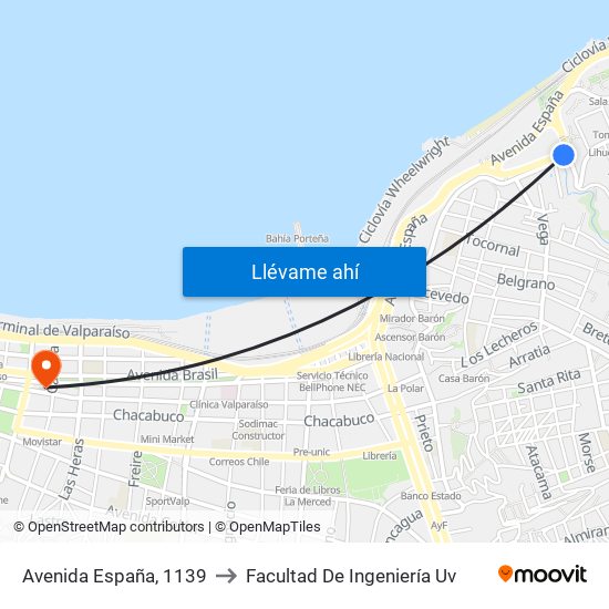 Avenida España, 1139 to Facultad De Ingeniería Uv map