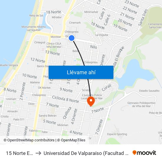 15 Norte Espacio Urbano to Universidad De Valparaíso (Facultad De Ciencias Económicas Y Administrativas) map