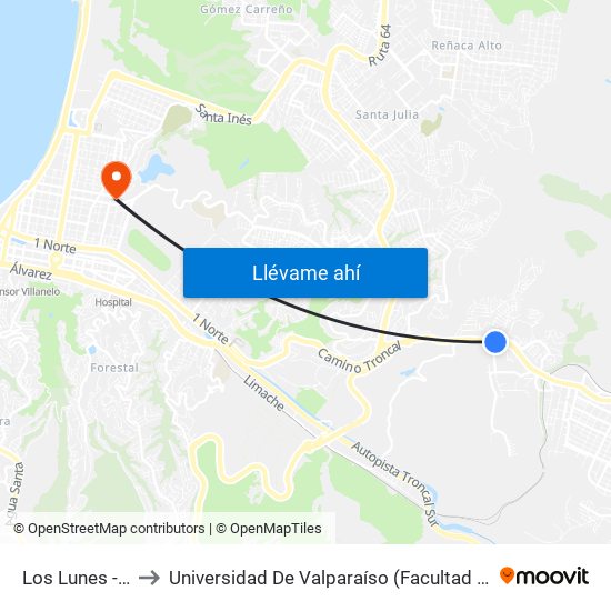 Los Lunes - Troncal / Norte to Universidad De Valparaíso (Facultad De Ciencias Económicas Y Administrativas) map