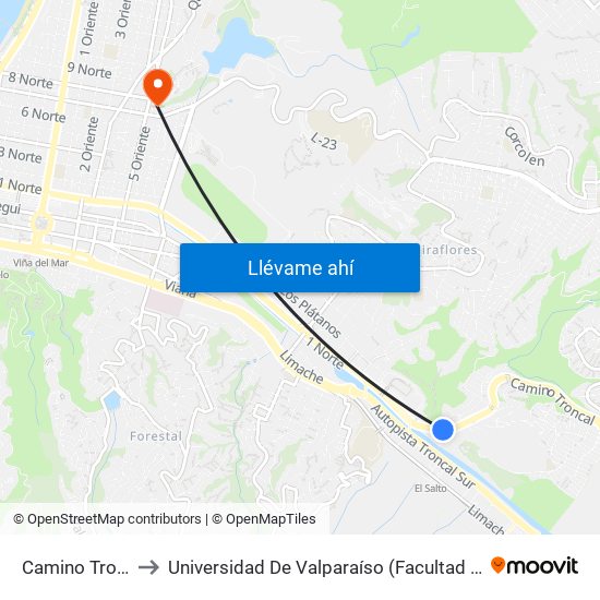 Camino Troncal - Uno Norte to Universidad De Valparaíso (Facultad De Ciencias Económicas Y Administrativas) map