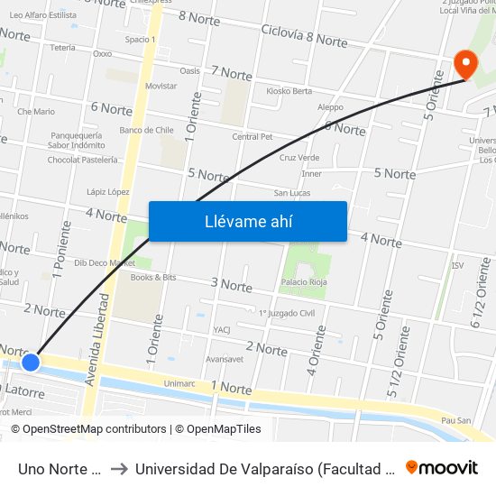 Uno Norte - Puente Quinta to Universidad De Valparaíso (Facultad De Ciencias Económicas Y Administrativas) map