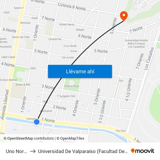 Uno Norte - Quillota to Universidad De Valparaíso (Facultad De Ciencias Económicas Y Administrativas) map