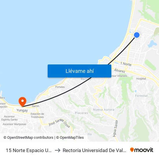 15 Norte Espacio Urbano to Rectoría Universidad De Valparaíso map