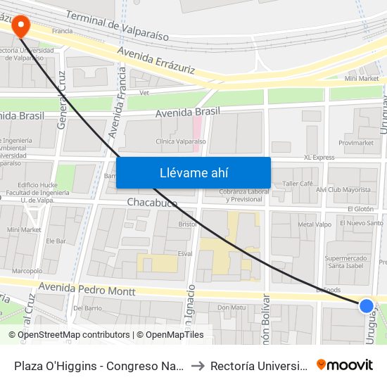 Plaza O'Higgins - Congreso Nacional - Teatro Municipal / Sur to Rectoría Universidad De Valparaíso map