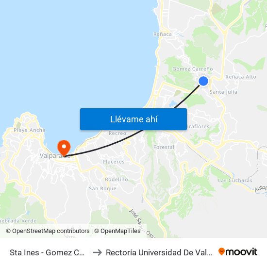 Sta Ines - Gomez Carreño to Rectoría Universidad De Valparaíso map