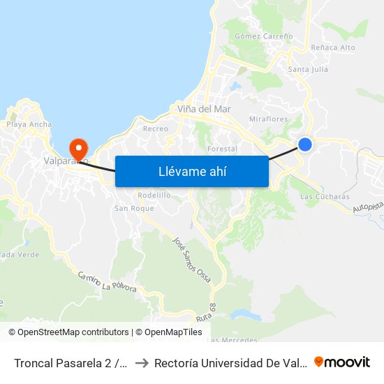 Troncal Pasarela 2 / Norte to Rectoría Universidad De Valparaíso map