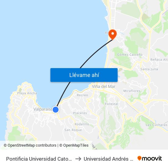 Pontificia Universidad Catolica De Valparaiso, Casa Central to Universidad Andrés Bello Campus V6 Reñaca map
