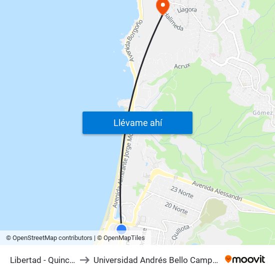 Libertad - Quince Norte to Universidad Andrés Bello Campus V6 Reñaca map