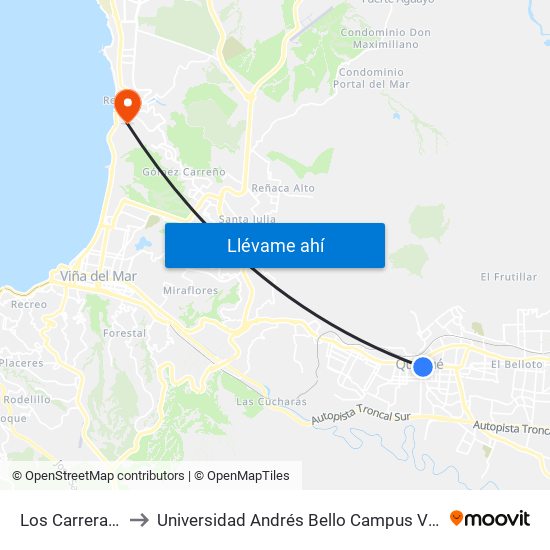 Los Carrera 981 to Universidad Andrés Bello Campus V6 Reñaca map