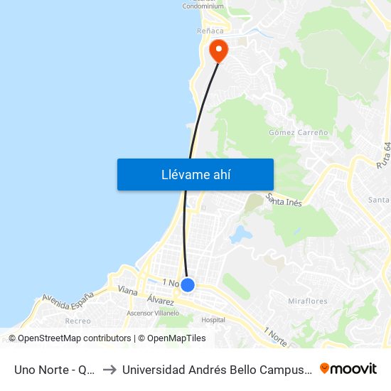 Uno Norte - Quillota to Universidad Andrés Bello Campus V6 Reñaca map