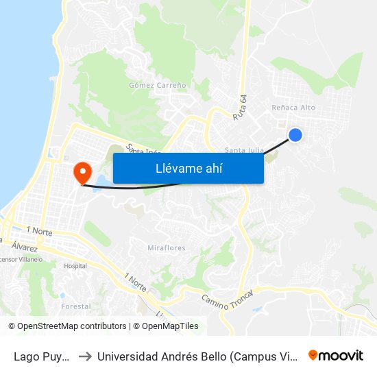 Lago Puyehue to Universidad Andrés Bello (Campus Viña Del Mar) map