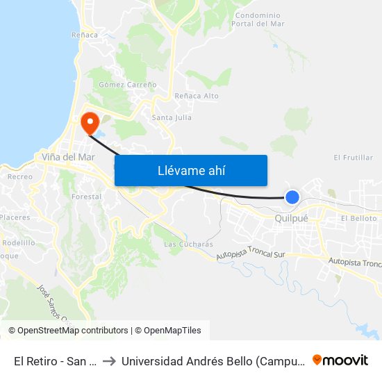 El Retiro - San Enrique to Universidad Andrés Bello (Campus Viña Del Mar) map