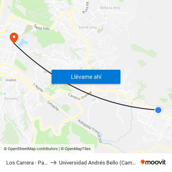 Los Carrera - Paradero 30 to Universidad Andrés Bello (Campus Viña Del Mar) map