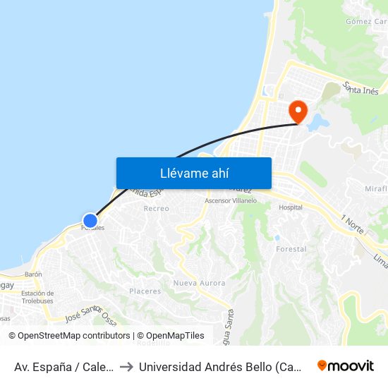 Av. España / Caleta Portales to Universidad Andrés Bello (Campus Viña Del Mar) map
