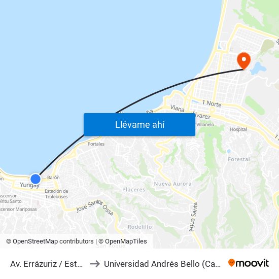 Av. Errázuriz / Estación Francia to Universidad Andrés Bello (Campus Viña Del Mar) map