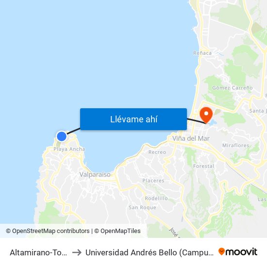 Altamirano-Torpedera to Universidad Andrés Bello (Campus Viña Del Mar) map