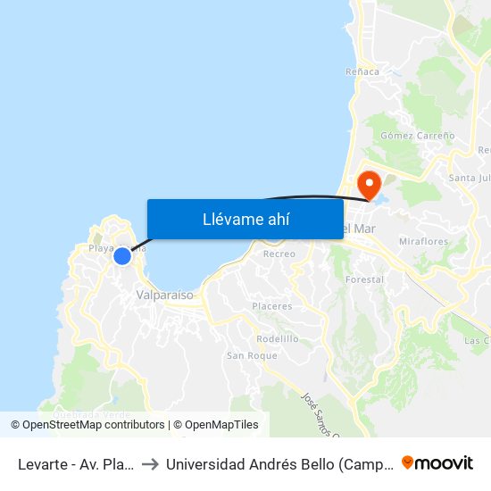 Levarte - Av. Playa Ancha to Universidad Andrés Bello (Campus Viña Del Mar) map