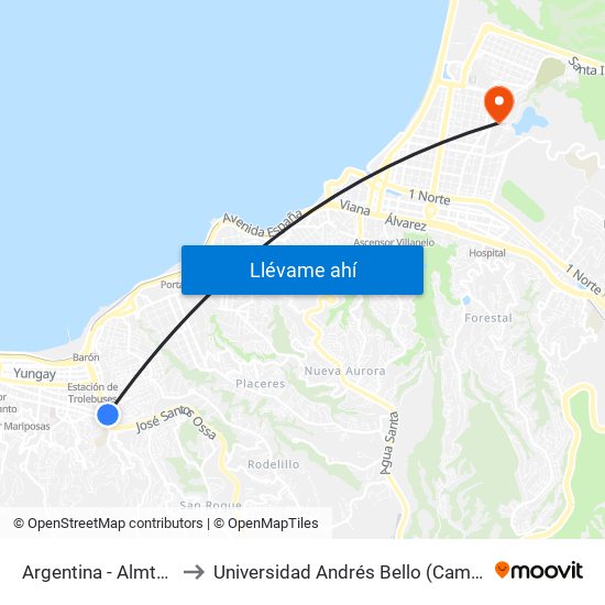 Argentina - Almte. Simpson to Universidad Andrés Bello (Campus Viña Del Mar) map