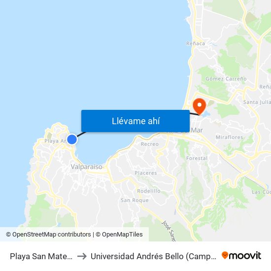 Playa San Mateo / Norte to Universidad Andrés Bello (Campus Viña Del Mar) map