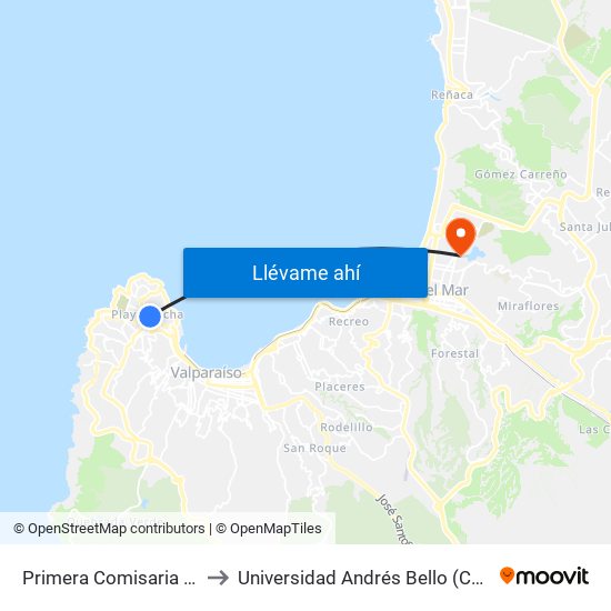 Primera Comisaria Sur Valparaiso to Universidad Andrés Bello (Campus Viña Del Mar) map