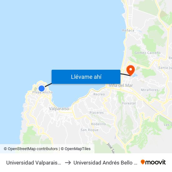 Universidad Valparaiso - Difider / Poniente to Universidad Andrés Bello (Campus Viña Del Mar) map