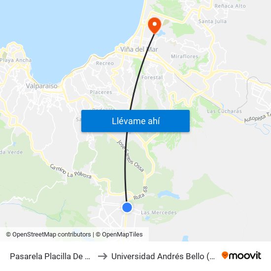 Pasarela Placilla De Peñuelas / Oriente to Universidad Andrés Bello (Campus Viña Del Mar) map