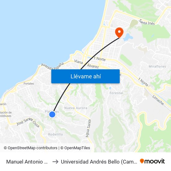 Manuel Antonio Matta 2291 to Universidad Andrés Bello (Campus Viña Del Mar) map